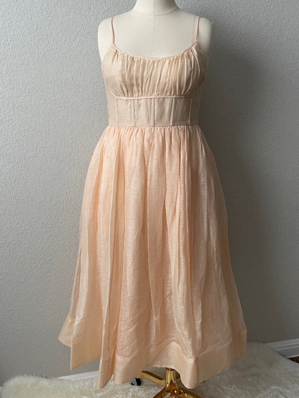 NWT Zimmermann Natura Linen-Silk Corset Midi-Dress 3 (US 8-10) in Light Peach